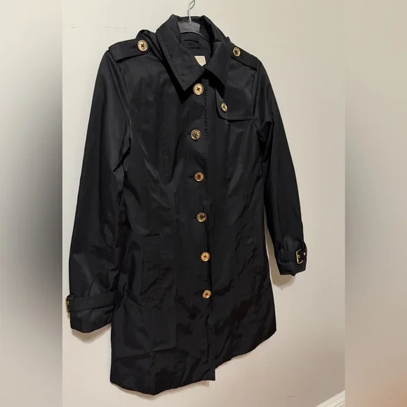 MICHAEL Michael Kors Black Trench Coat Size Small Gold Button Down Hooded - Picture 3 of 13